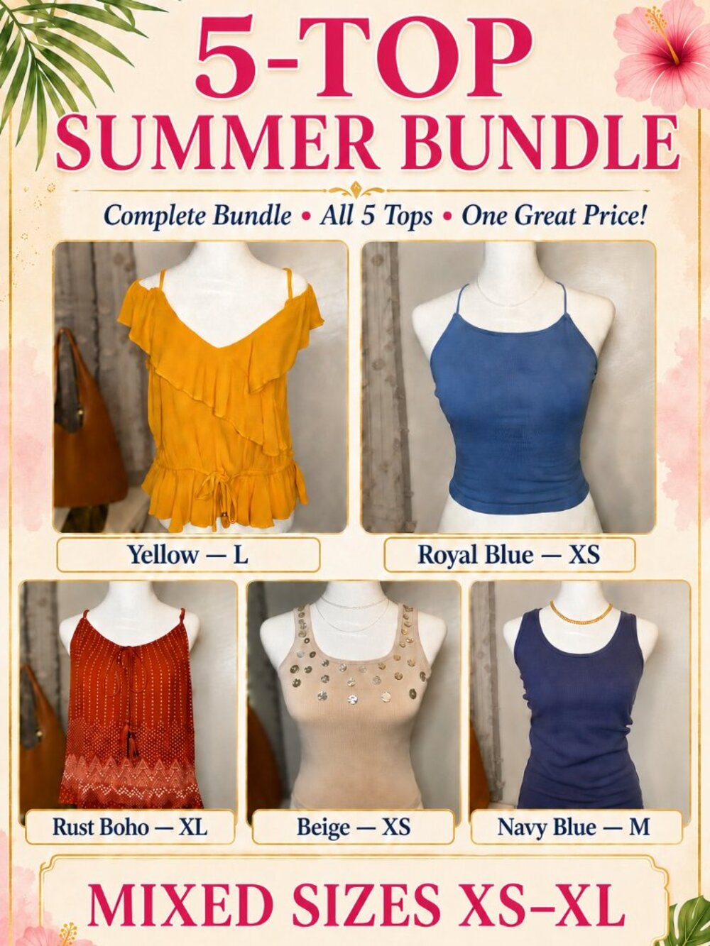 5 Women’s Summer Tops Mixed Size Bundle XS–XL